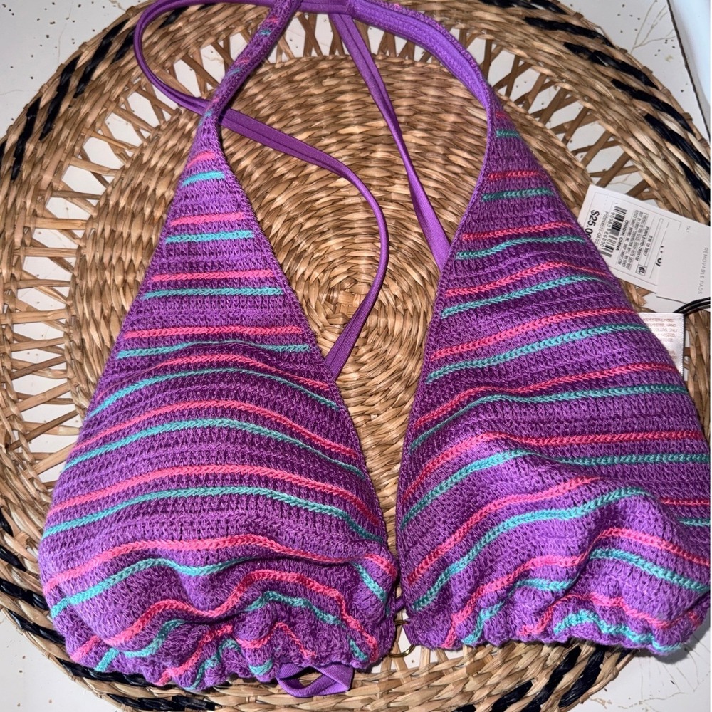 Shade & Shore Purple Crochet Striped Triangle Bikini Top Small NWT